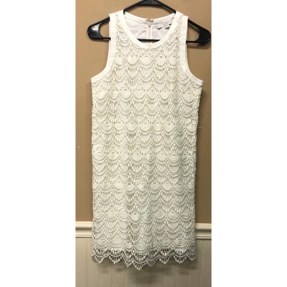 ANN TAYLOR LOFT SIZE 2 OFF-WHITE CROCHET LACE OVERLAY SLEEVELESS DRESS NWT